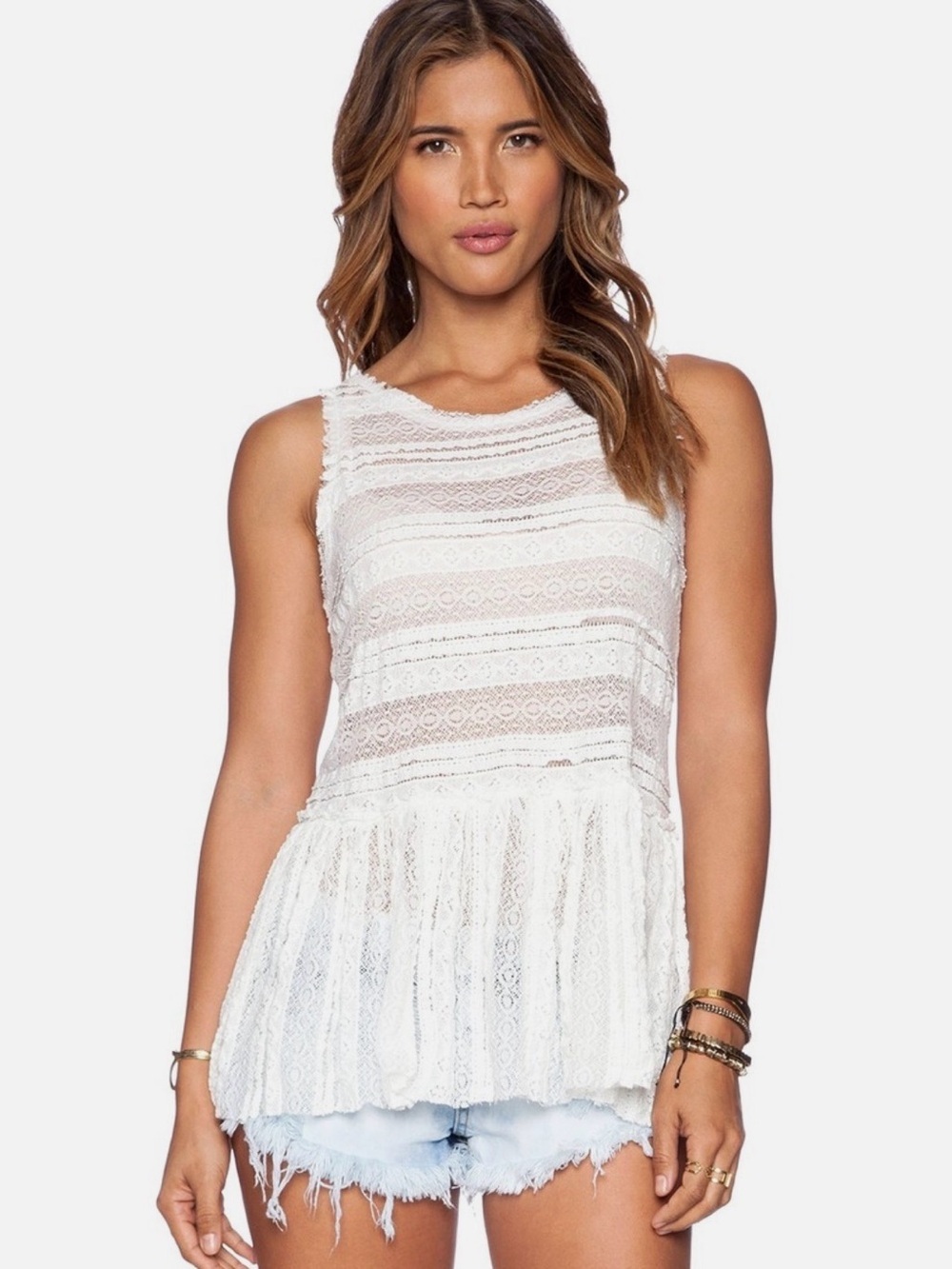 Intimately Free People Lace Mini Dress Cream Sheer Drop Waist Prairie Boho Tunic - Picture 2 of 12